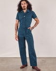 Jesse is 5'8" and wearing S  Short Sleeve Jumpsuit in Lagoon