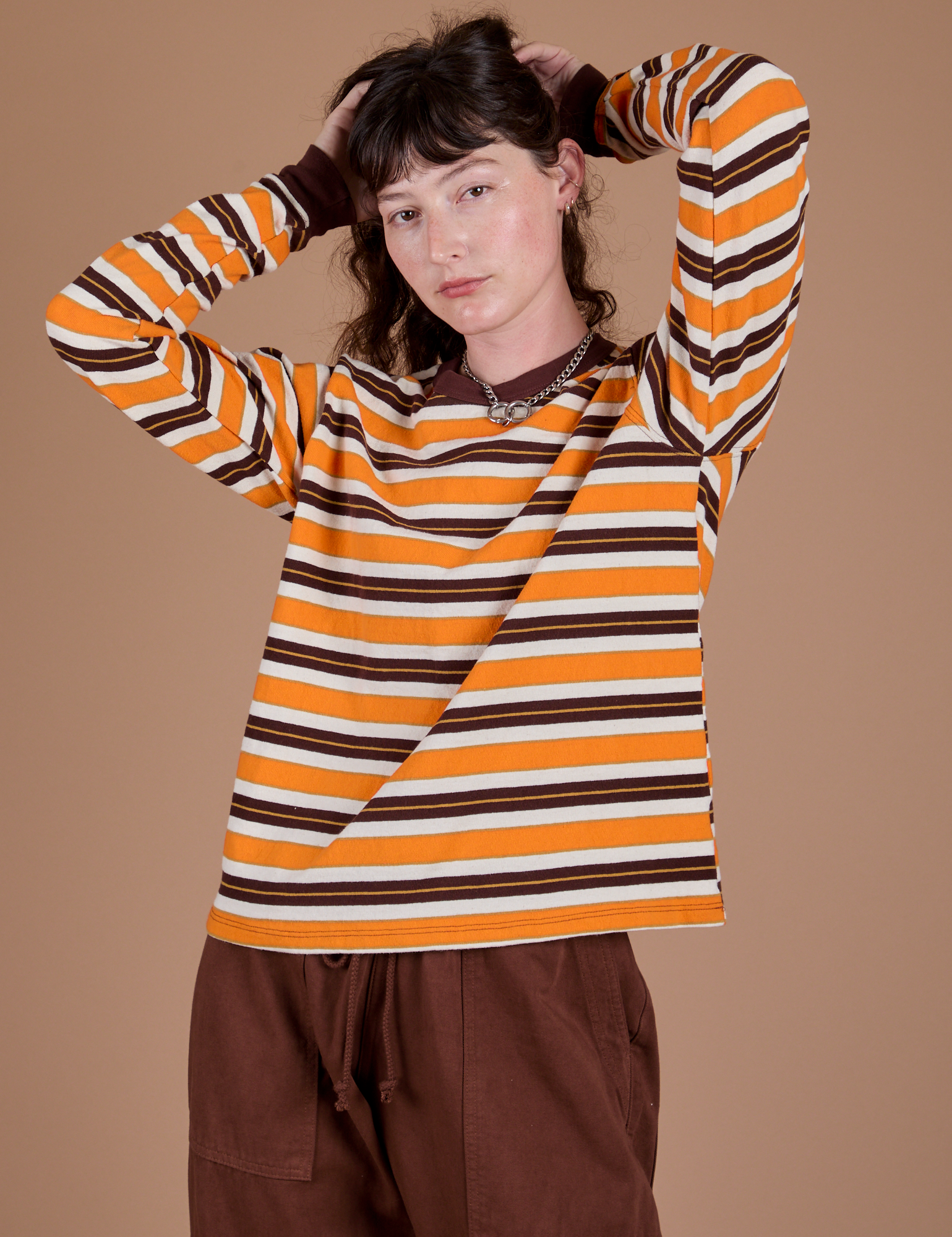 Long Sleeve Striped Burly Tee in Orange on Alex
