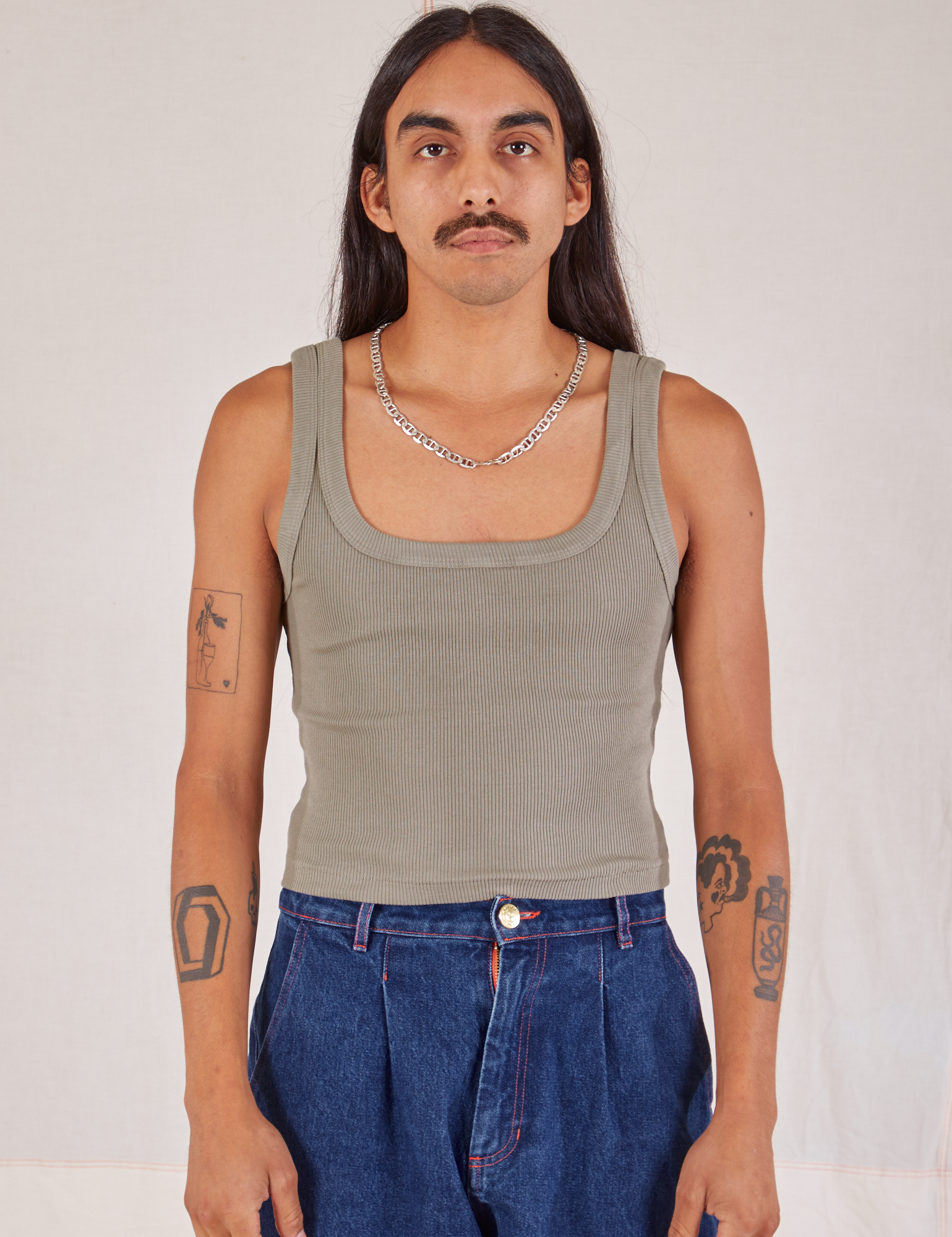 Anthony is 5’10” and wearing S Square Neck Tank in Khaki Grey