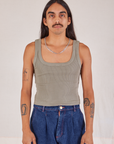 Anthony is 5’10” and wearing S Square Neck Tank in Khaki Grey