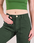 Mid-Rise Work Pants in Swamp Green front close up on Margaret