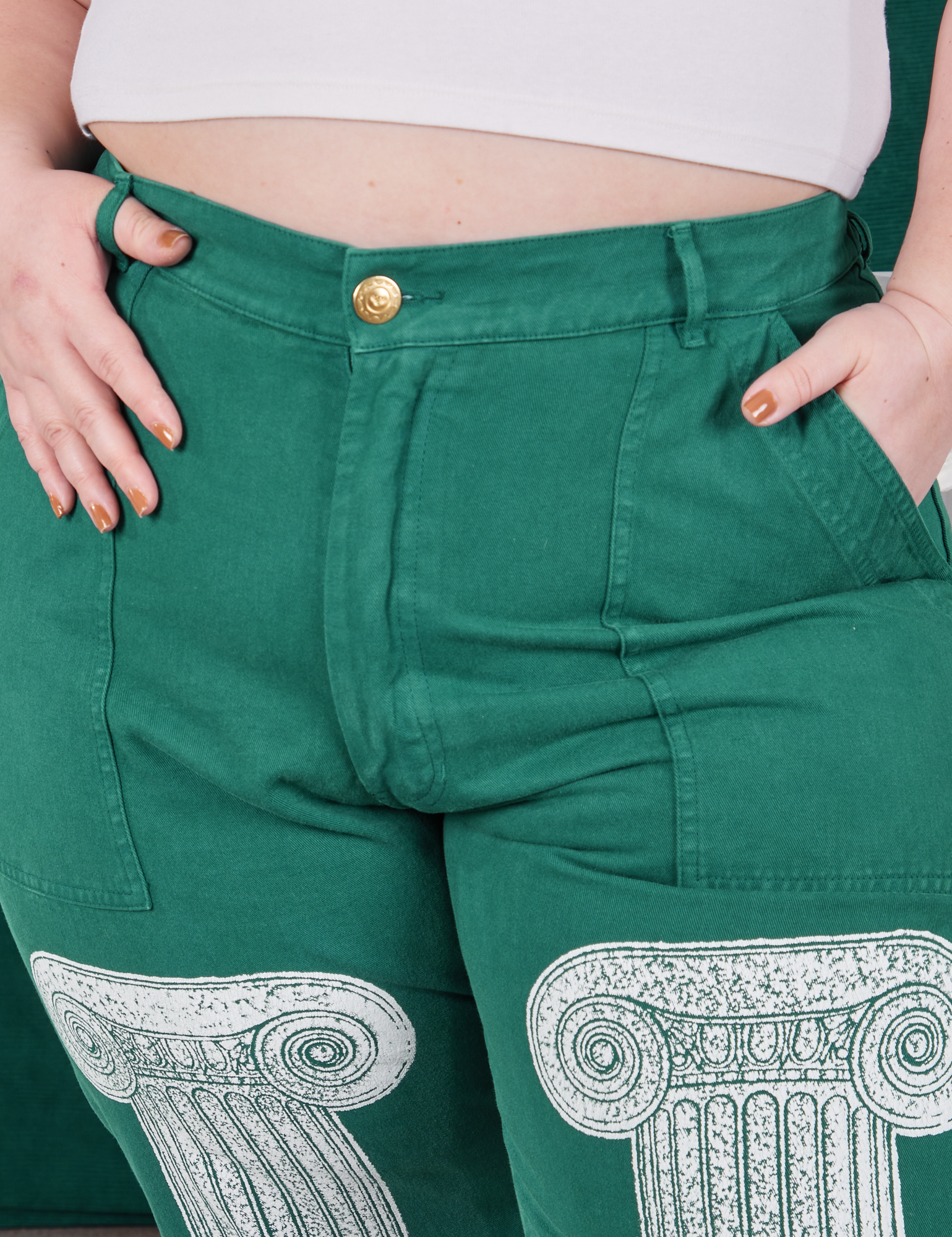 Column Work Pants in Hunter Green front close up on Ashley