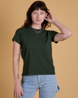 Alex is 5’8” and wearing P Organic Vintage Tee in Swamp Green
