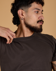Front close up of Organic Vintage Tee in Espresso Brown on Jesse