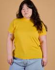 Ashley is 5’7” and wearing L Organic Vintage Tee in Sunshine Yellow
