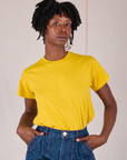 Cheyann is 5’11” and wearing XXS Organic Vintage Tee in Golden Yellow