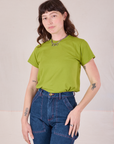 Alex is 5’8” and wearing P Organic Vintage Tee in Gross Green