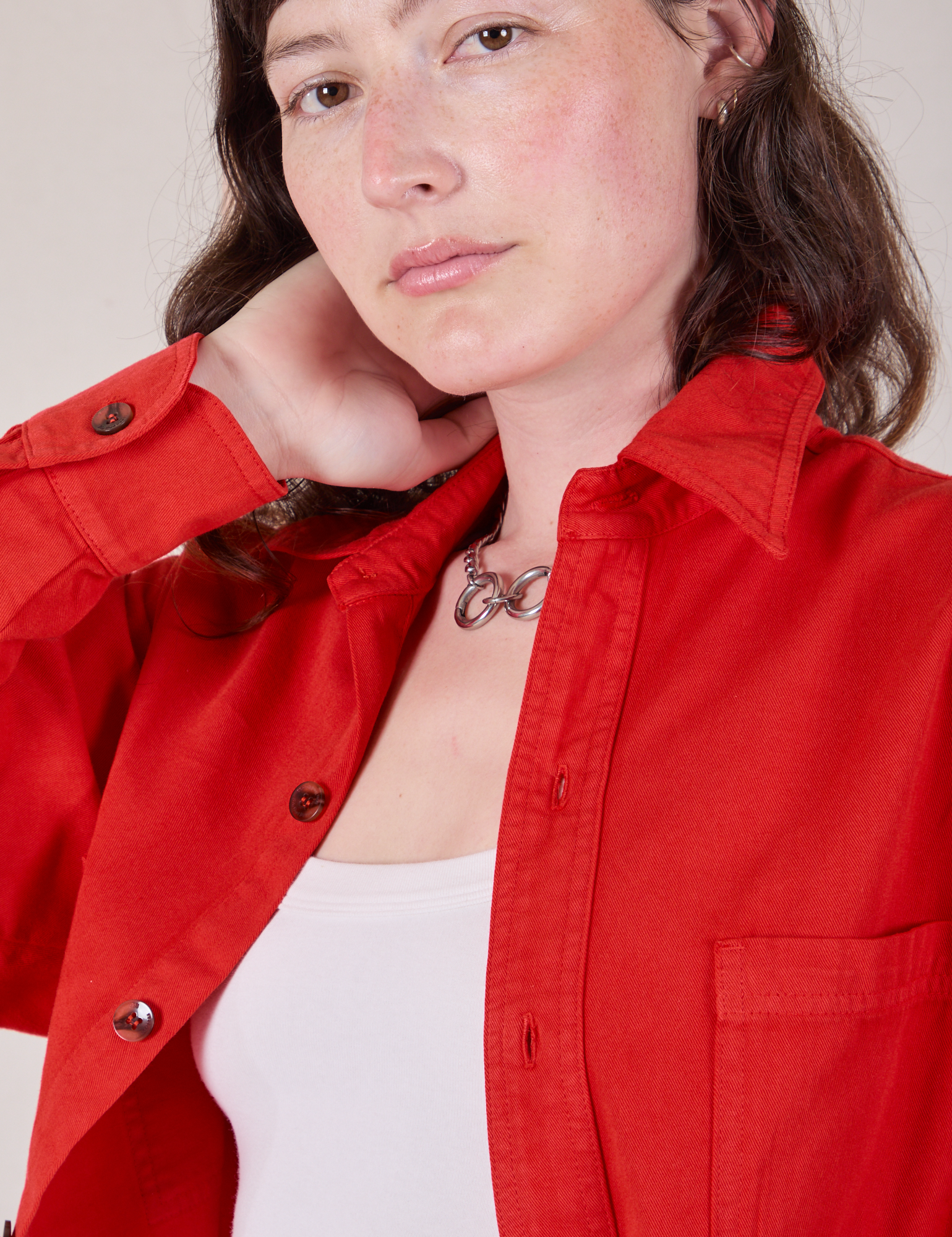 Twill Overshirt in Mustang Red close up on Alex