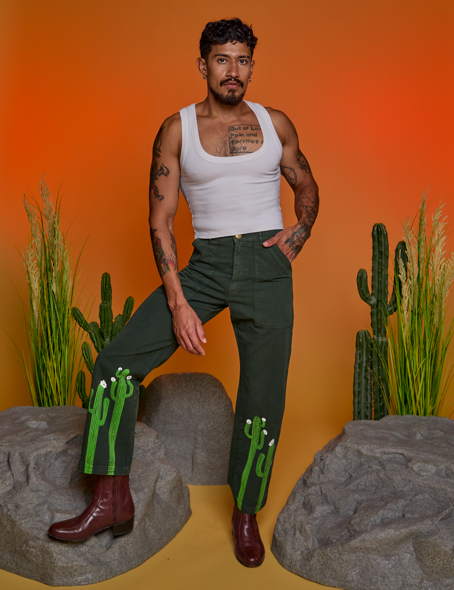 Paintstamped Work Pants in Cactus and Cropped Tank in Vintage Tee White on Jesse