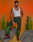 Paintstamped Work Pants in Cactus and Cropped Tank in Vintage Tee White on Jesse
