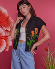 Alex is 5'8" and wearing XXS Paintstamped Pantry Button-Up in Poppy