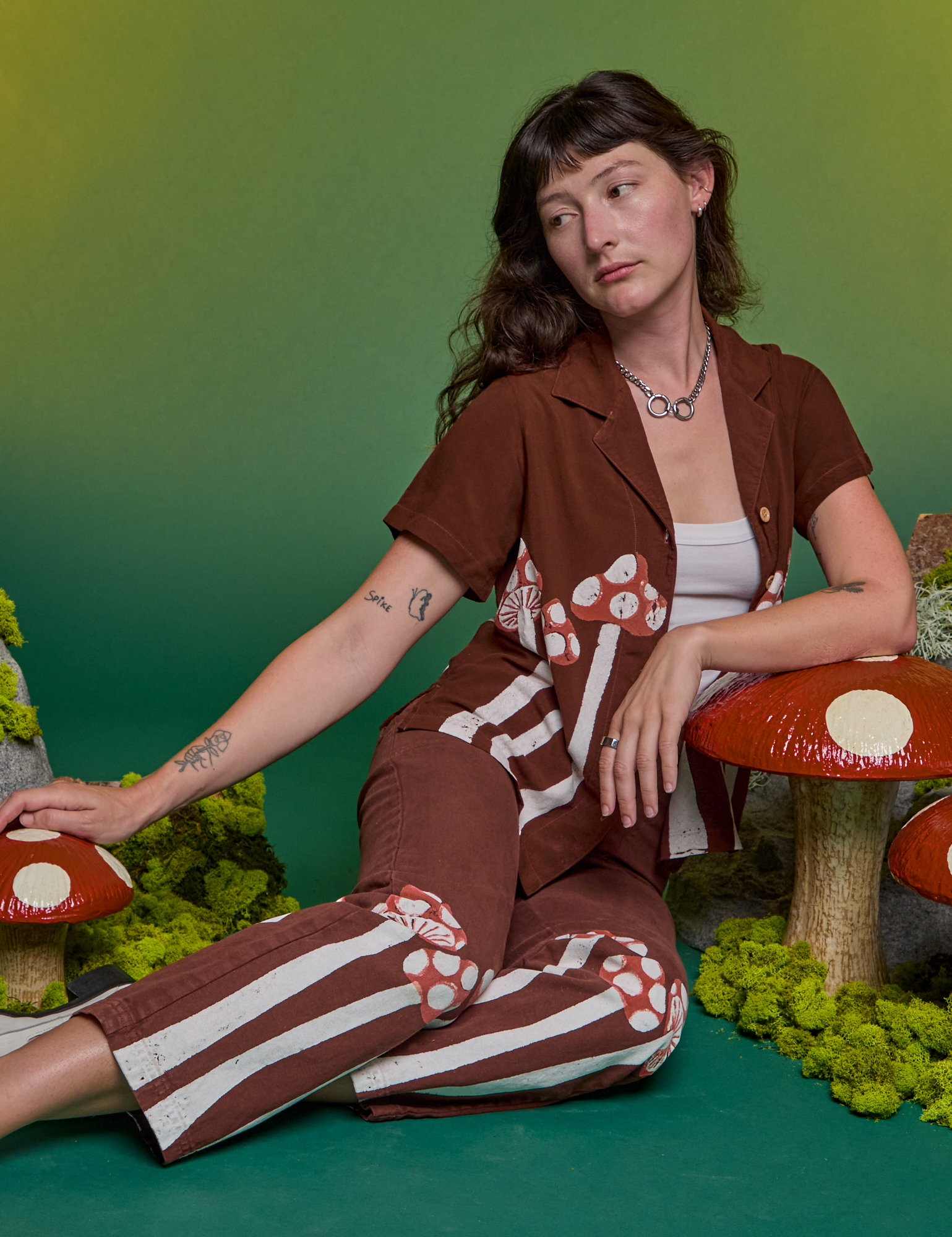 Paintstamped Work Pants in Mushroom and matching Pantry Button-Up on Alex