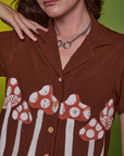Front close up of Paintstamped Pantry Button-Up in Mushroom on Alex