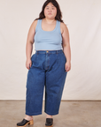 Ashley is wearing Cropped Tank Top in Periwinkle and dark wash Denim Trouser Jeans