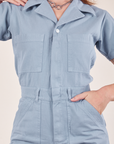 Front close up of Short Sleeve Jumpsuit in Periwinkle on Alex
