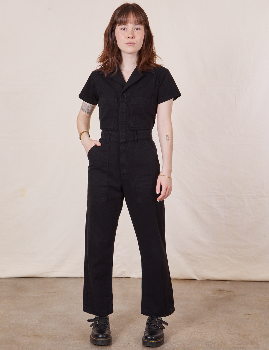 Petite Short Sleeve Jumpsuit in Basic Black worn by Hana