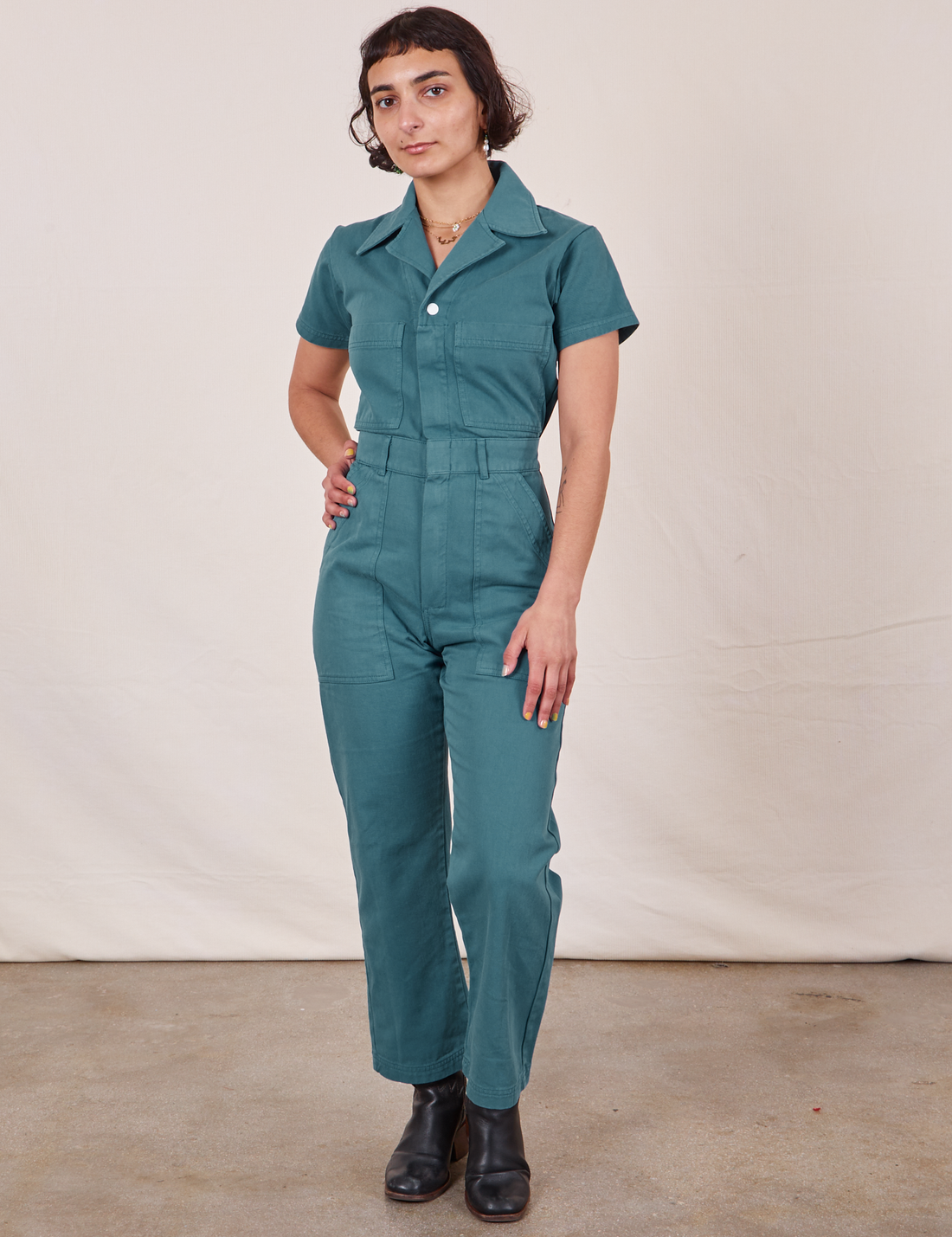 Petite Short Sleeve Jumpsuit in Marine Blue on Soraya