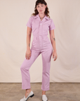 Alex is 5'8" and wearing XXS Short Sleeve Jumpsuit in Lilac