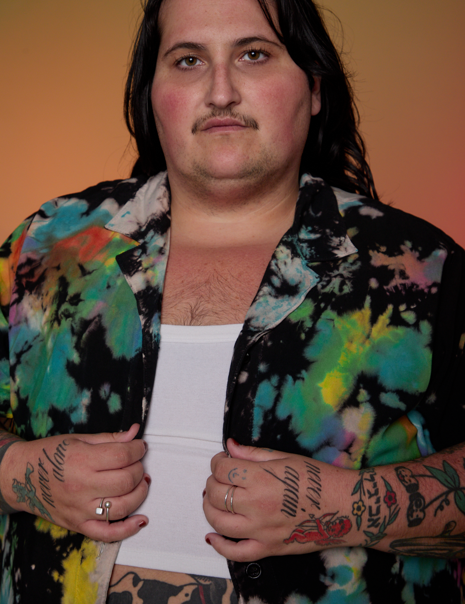 Pantry Button-Up in Rainbow Magic Waters front close up on Sam