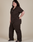 Angled front view of Short Sleeve Jumpsuit in Espresso Brown on Ashley