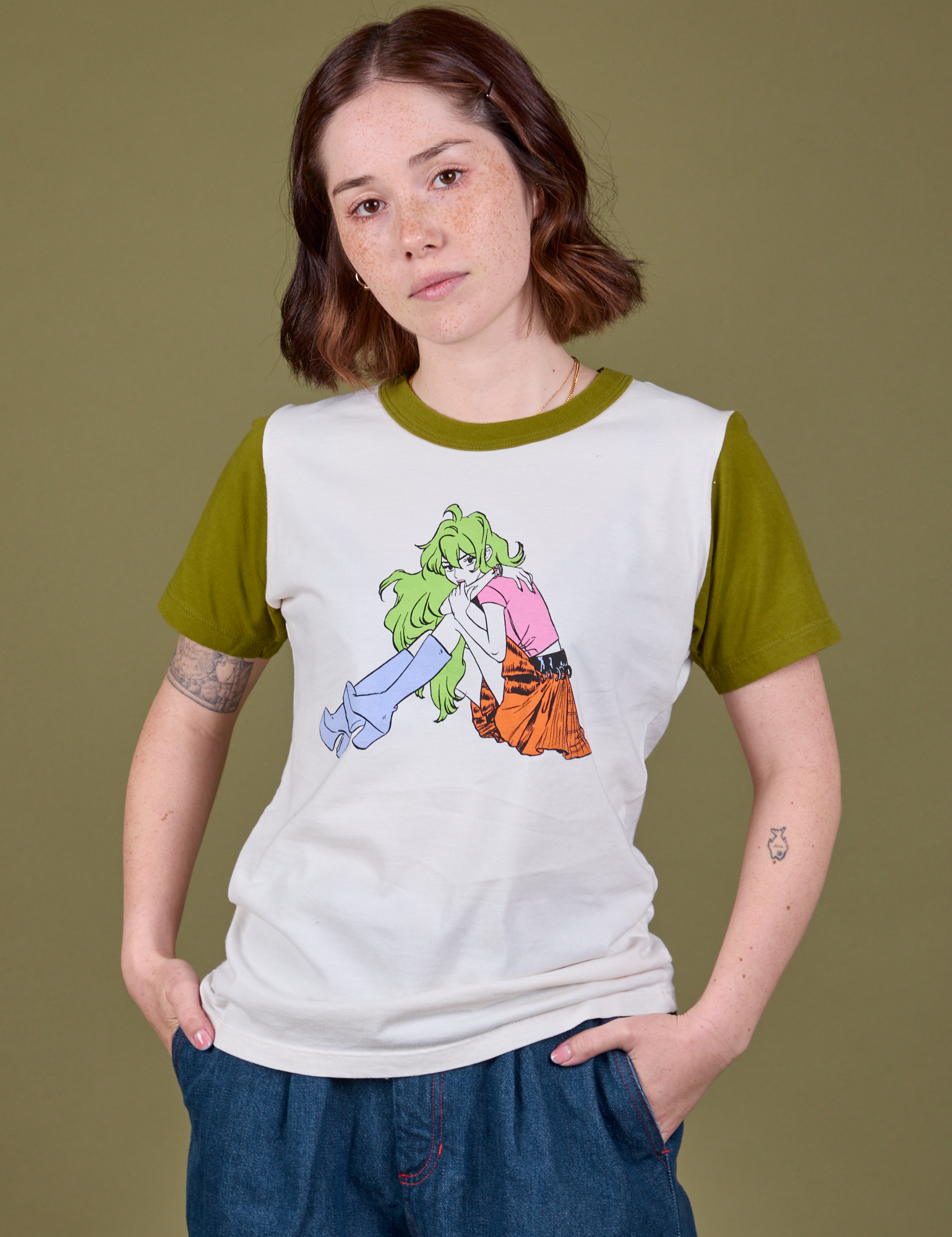 Hana is 5'3" and wearing P Olive Lottie Tee