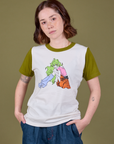 Hana is 5'3" and wearing P Olive Lottie Tee