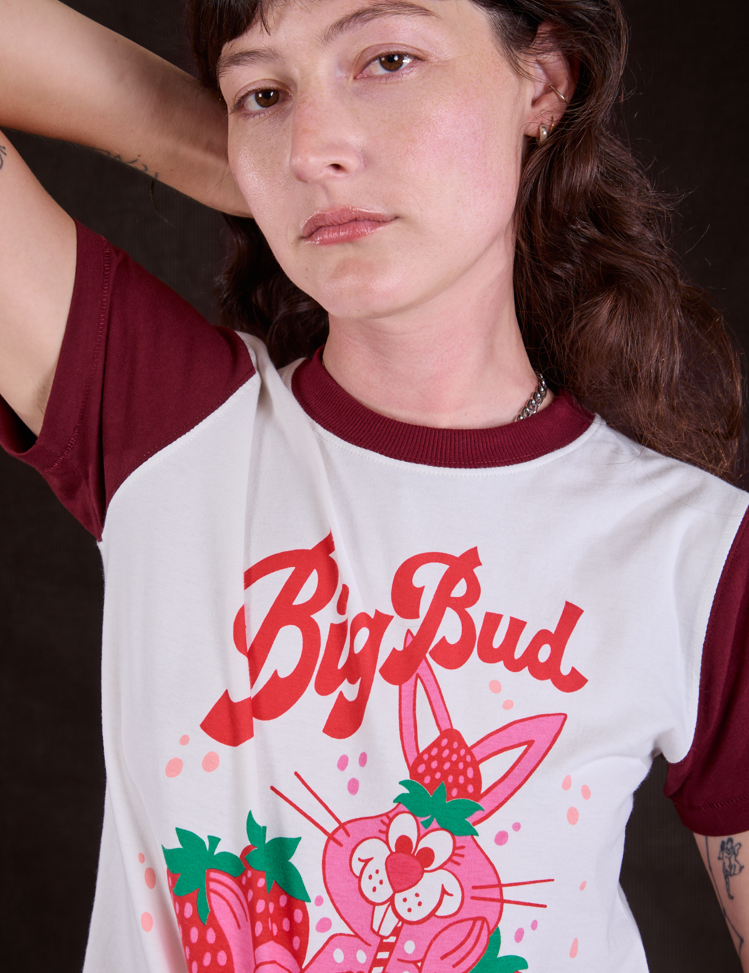 Vintage Tee in Strawberry Milk front close up on Alex