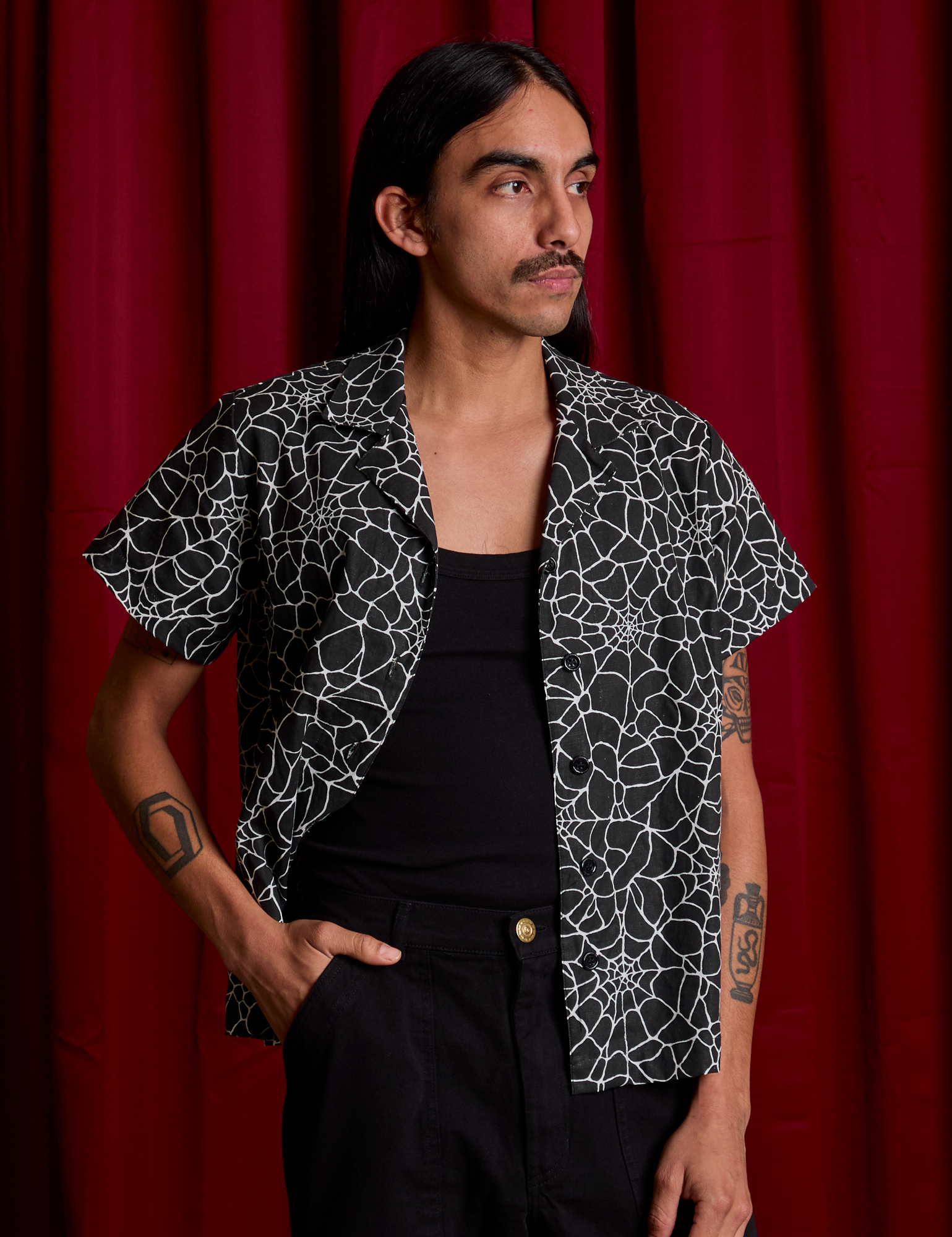 Spider Webs Pantry Button-Up on Anthony with black Cropped tank underneath