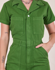 Front torso close up of Short Sleeve Jumpsuit in Lawn Green worn by Alex