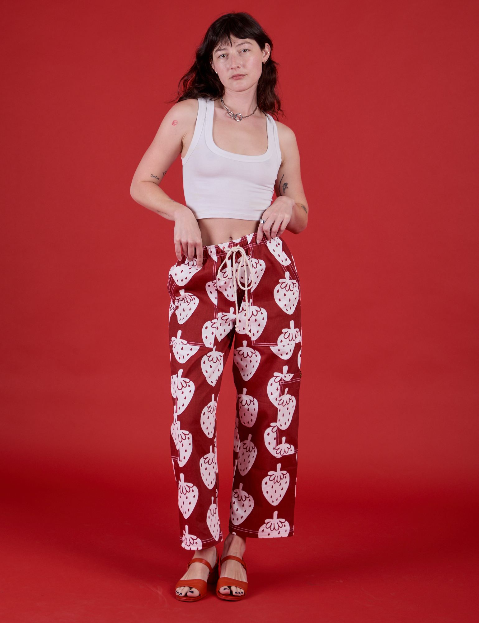 Drop Pocket Pants in Strawbaby and Cropped Tank in Vintage Tee white on Alex