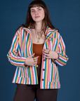 Sydney is wearing Stripe Work Jacket in Rainbow Stripe