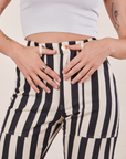 Black Striped Work Pants in White front close up on Alex