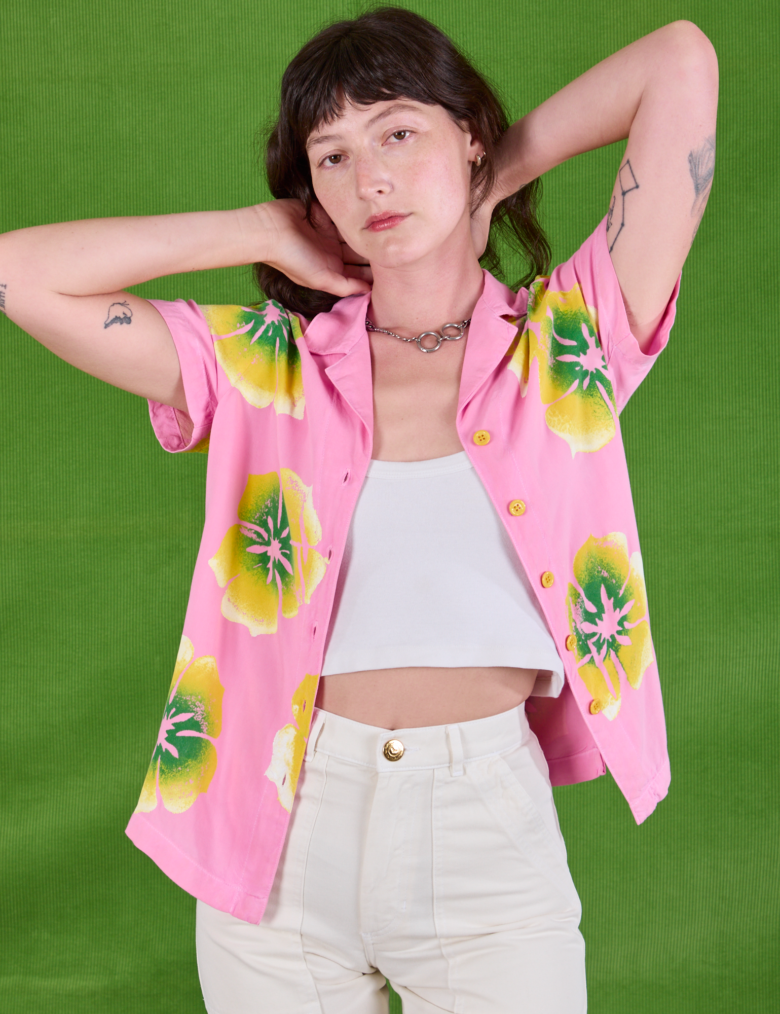 Paintstamped Pantry Button-Up in Bubblegum Pink on Alex