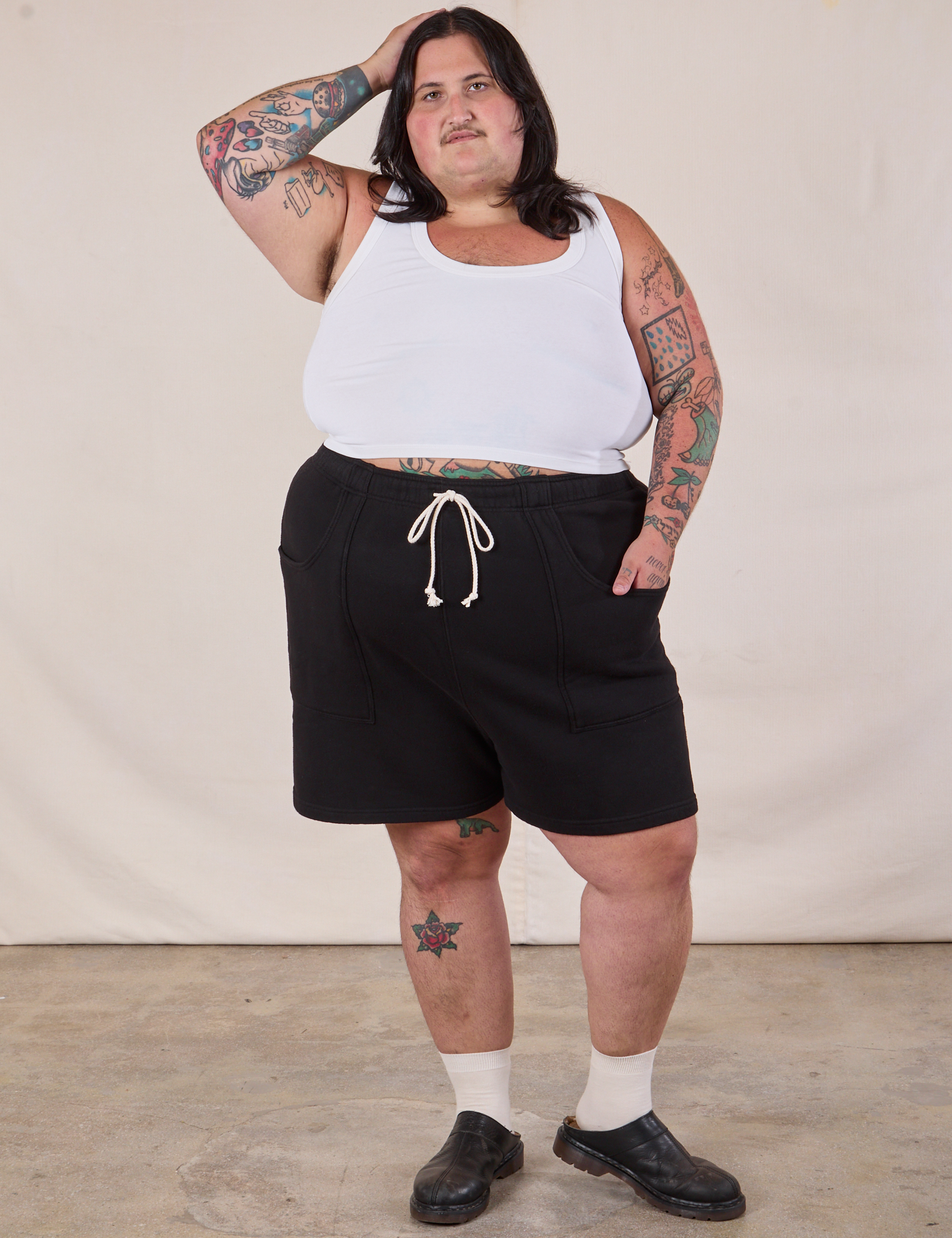 Heavyweight Sweat Shorts in Basic Black and Cropped Tank in Vintage Tee Off-White on Sam