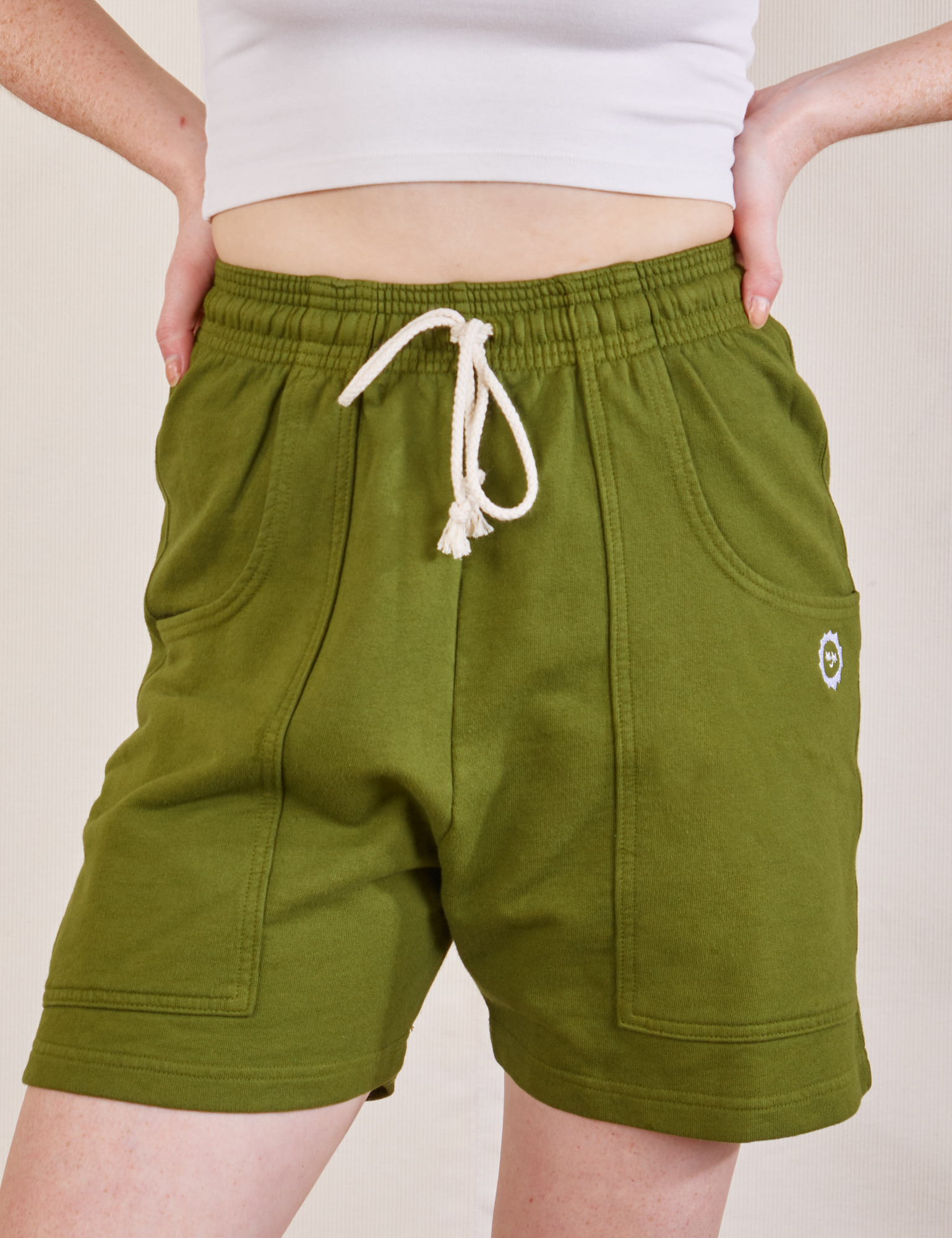Lightweight Sweat Shorts in Summer Olive front close up on Margaret