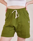 Lightweight Sweat Shorts in Summer Olive front close up on Margaret