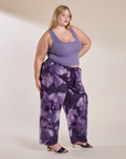 Angled front view of Magic Waters Drop Pocket Pants in Dark Lavender and faded grape Cropped Tank on Juliet