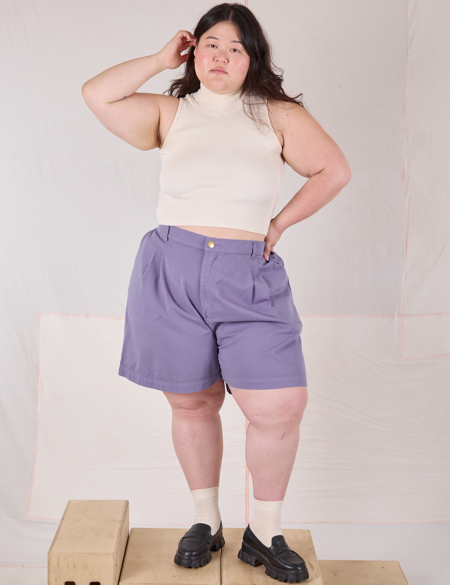 Trouser Shorts in Faded Grape and Sleeveless Turtleneck in vintage tee off-white on Ashley