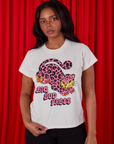 Kandia is 5'3" and wearing XXS Cheetah Organic Tee