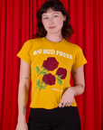 Alex is 5'8" and wearing P 3 Roses Organic Tee