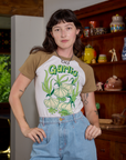Alex is 5'8" and wearing P Short Sleeve Raglan Tee in Garlic