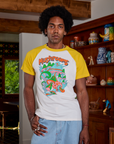 Jerrod is 6'3" and wearing M Short Sleeve Raglan Tee in Mushrooms
