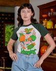 Alex is 5'8" and wearing P Short Sleeve Raglan Tee in Veggies