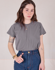 Hana is 5'3" and wearing P Organic Vintage Tee in Washed Grey