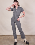 Alex is 5'8" and wearing XXS Short Sleeve Jumpsuit in Washed Grey