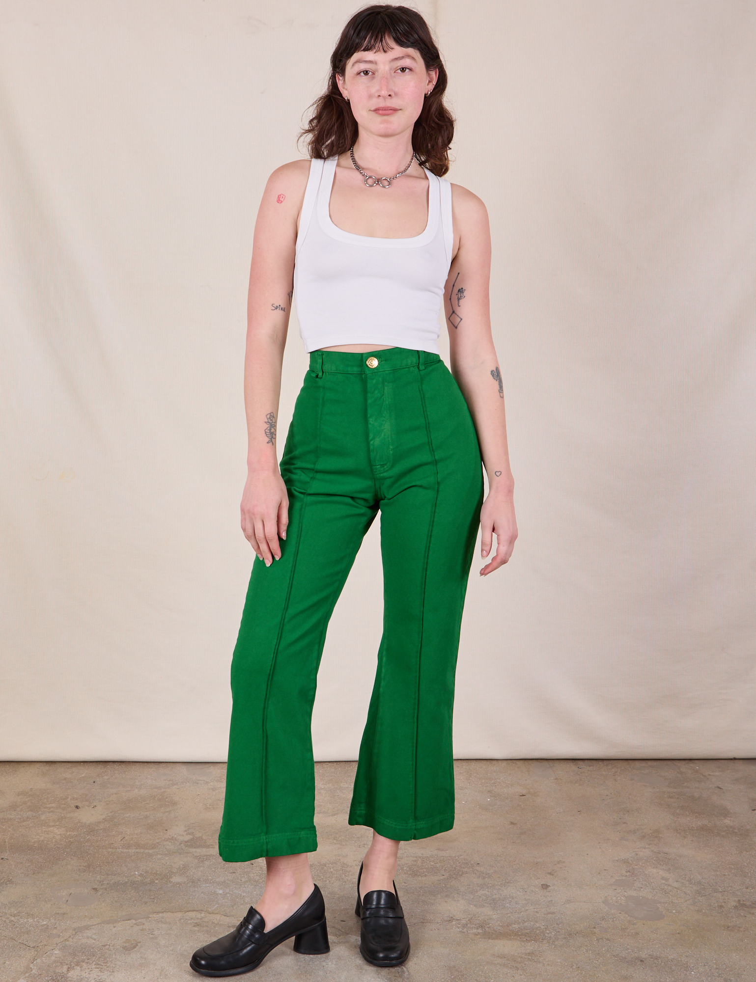 Western Pants in Forest Green and Cropped Tank in Vintage Tee Off-White on Alex