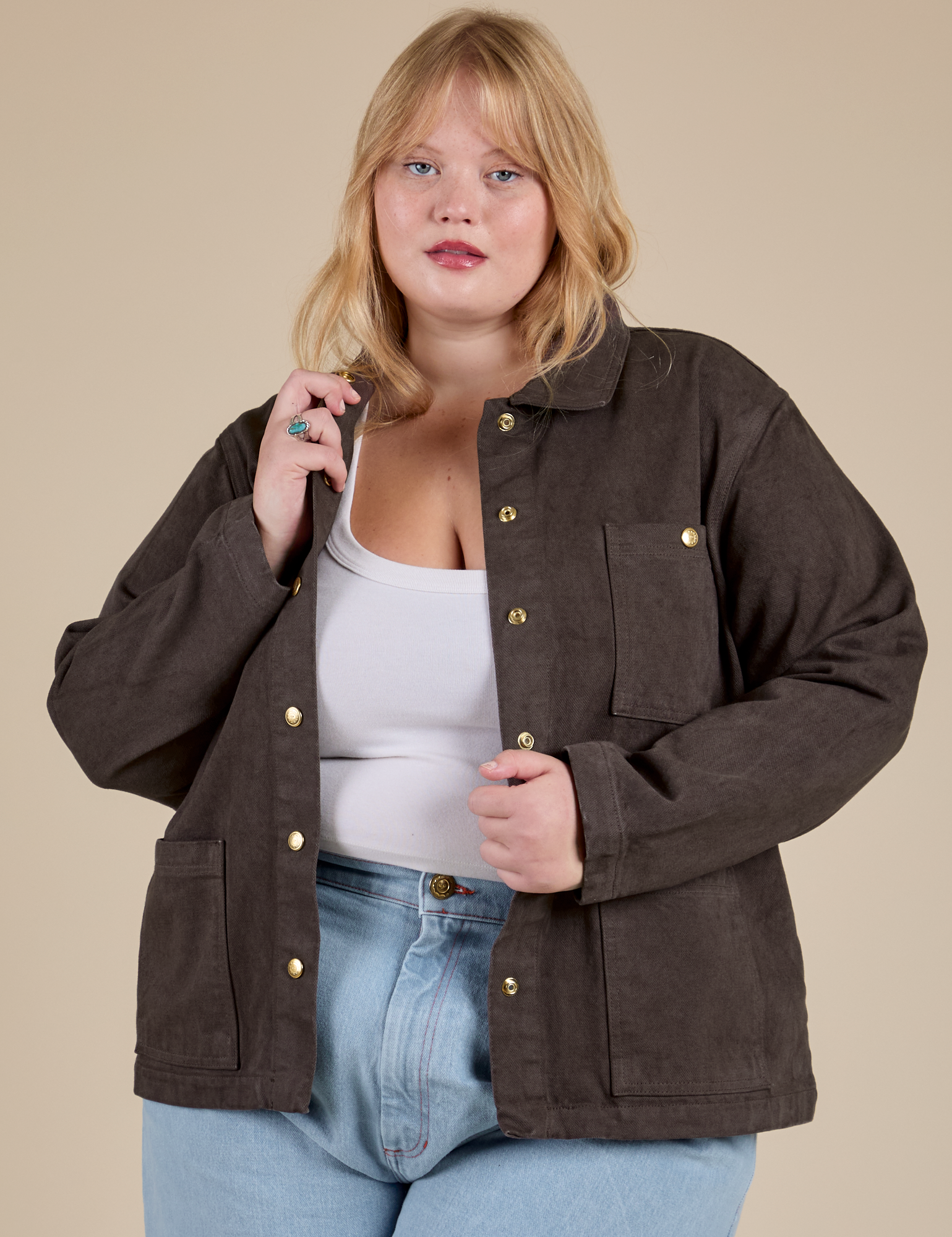 Denim Work Jacket in Espresso Brown on Juliet