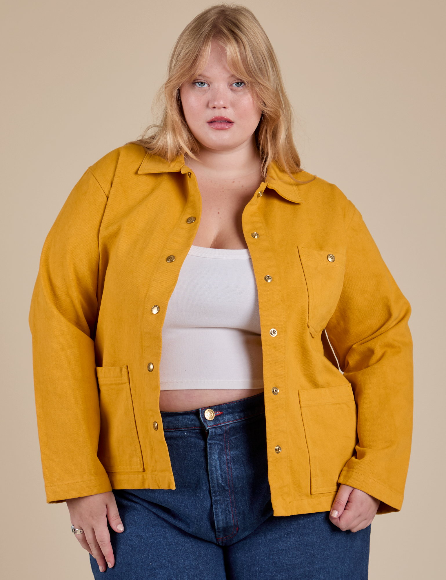 Denim Work Jacket in Mustard Yellow on Juliet