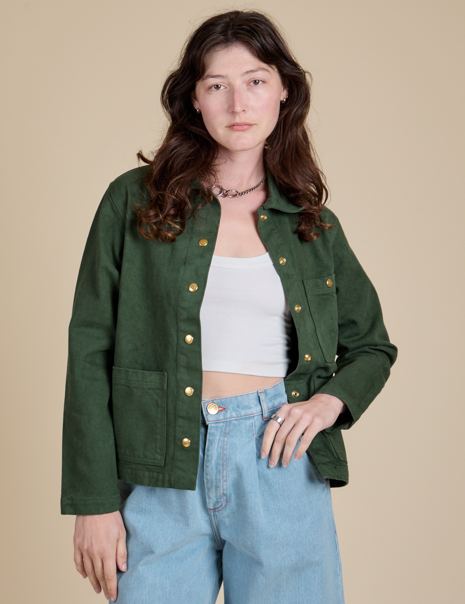 Denim Work Jacket in Swamp Green on Alex