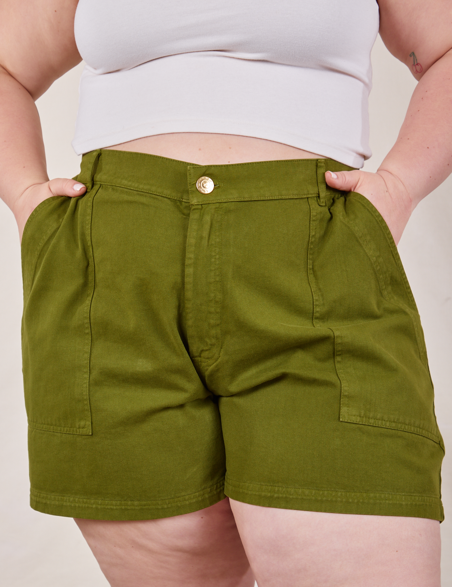 Classic Work Shorts in Summer Olive front close up on Ashley